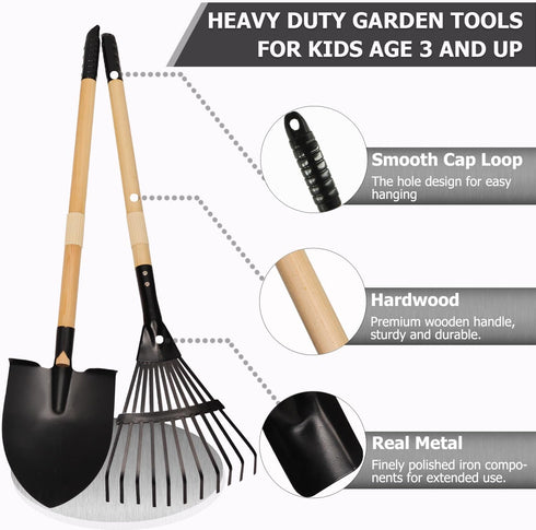 7PCS Kids Gardening Tools, Long Shovel, Rake for Leaves, Spade, Hoe, Steel Heads & Real Wood Handle, Yard Tools