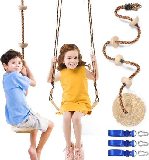 Tree Swing Climbing Rope 2 Pack with Platforms, Red Disc Swings Seat, Outdoor Playground Set Accessories, Khaki