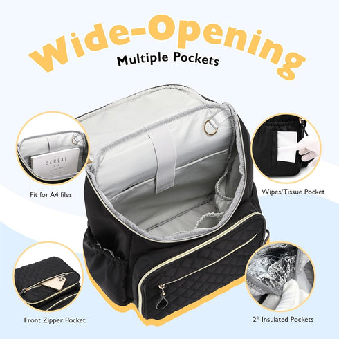 Backpack LORADI Lightweight Diaper Bag with Stroller Clips, Insulated Pockets, Baby Shower Essentials (Nylon, Black)