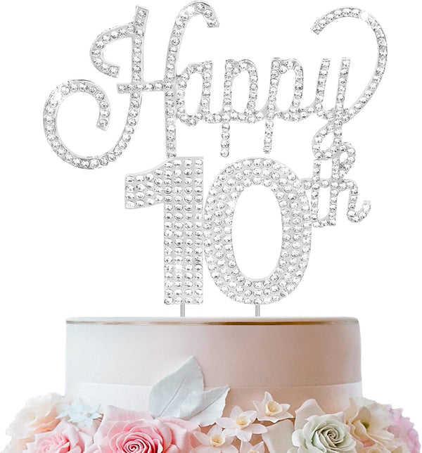 LINGTEER Happy 10th Birthday Silver Rhinestone Cake Topper - Cheers to 10th Birthday Party Decorations