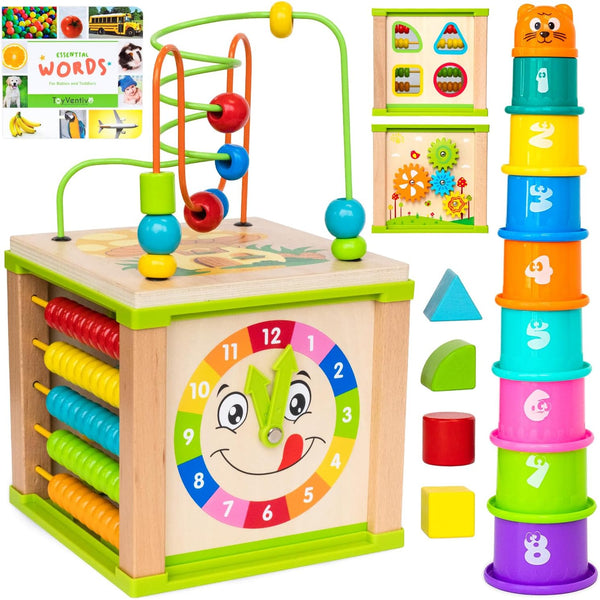 TOYVENTIVE Wooden Activity Cube, Montessori Toys, Educational Sensory Toy for 1-2 Year Old Baby, Toddler, Kid