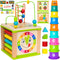 TOYVENTIVE Wooden Activity Cube, Montessori Toys, Educational Sensory Toy for 1-2 Year Old Baby, Toddler, Kid