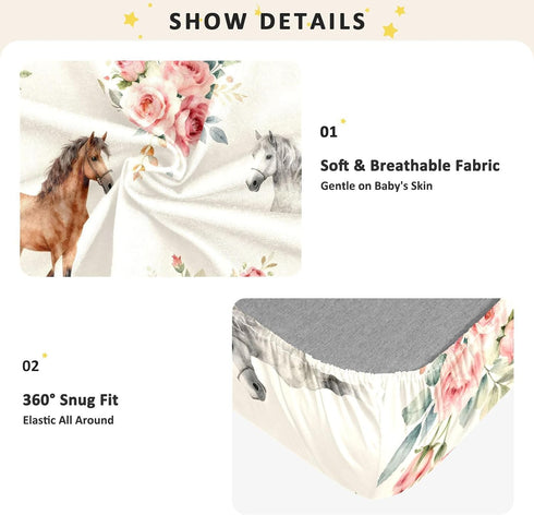 CZXW 52" 28" Watercolor Horses and Flowers Crib Sheets Fitted x Natural Cotton Soft & Breathable for Baby Crib Mattress