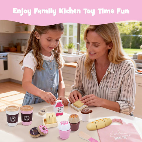 Playset 23pcs Sets SIMPLIPLAY Wooden Bakery Food Toys, Wooden Pretend Play Food for Kids, Play Kitchen Accessories