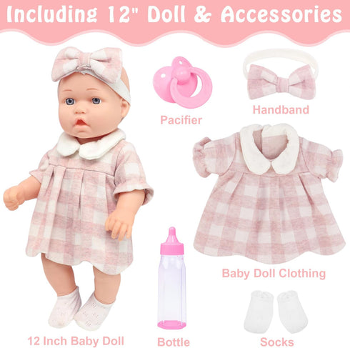 12 6-Piece Packaged Baby Doll Classic Checkered Dress & Accessories Gift Box Soft Realistic Lifelike Baby Dolls