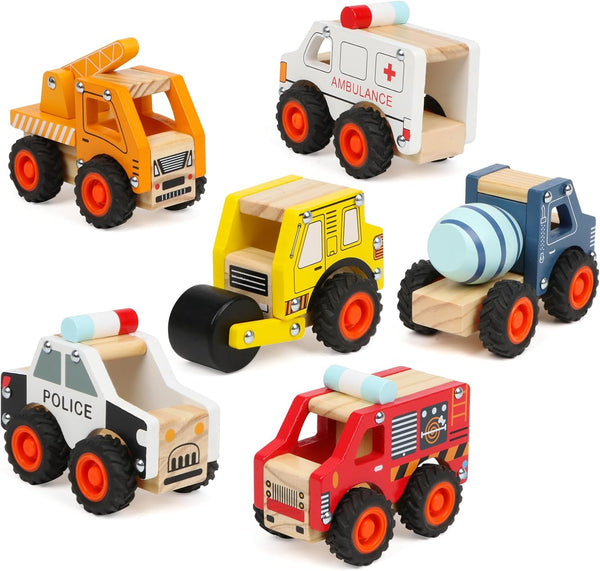 6Pcs Wooden Cars for Toddlers 1-3, Push and Go Vehicle Toys, Hand Push Car Toys for 1+ Year Old, Montessori Toys