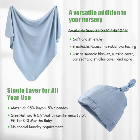 Set 45" 45"(Lightblue) iEvolve Cotton Knitted Baby Swaddle Blanket with Hat Headband Newborn Swaddle Wrap Receiving