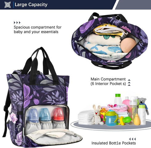 SPRIPORT Backpack Leaves Purple Florals Beautiful Diaper Bag for Baby Boys Girls Multifunction Travel Tote