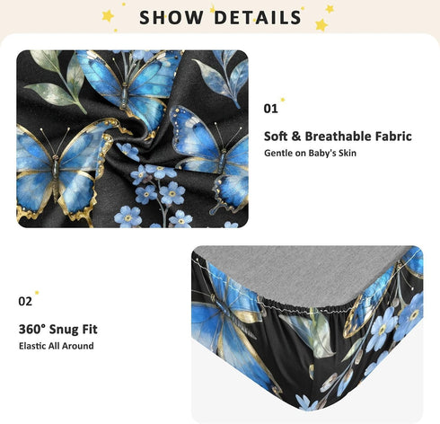 CZXW 52" 28" Blue Butterflies Floral Forget-me-not Crib Sheets Fitted x Natural Cotton Soft & Breathable for Baby Crib
