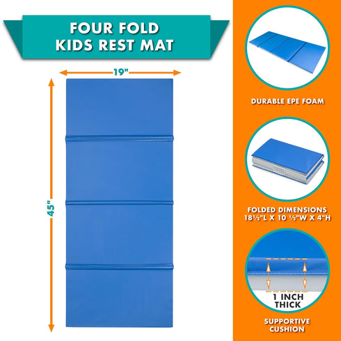 1-inch 45-in ProSource Four-Fold Kids Rest Mat, Thick Sleeping Mats for Kids, Foam Foldable Cushion for Child Comfort