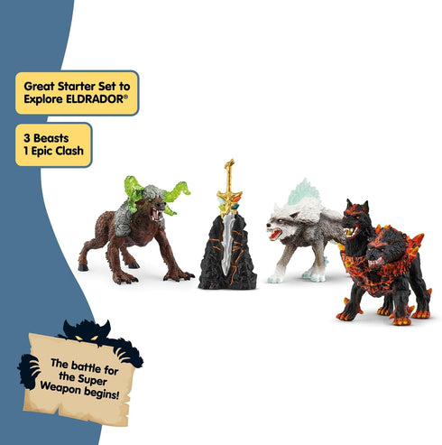 5PC Set Playset 7+ 72179 Schleich Eldrador Creatures - Fantasy Creature - Ice Wolf, Lava Hound, Rock Beast and Sword