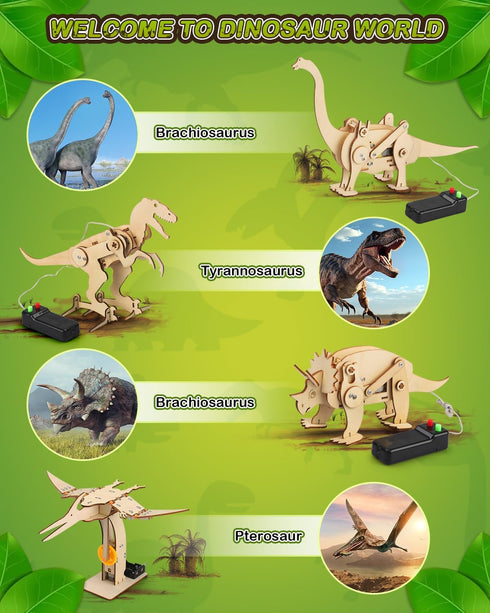 Poraxy 4 in 1 Dinosaur STEM Kits for Kids Ages 8-10, Educational Science Building Projects, 3D Wooden Puzzles Gift for