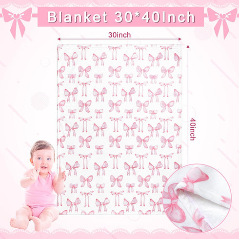 HunnmingRe Set 3 Set Baby Pink Bow Crib Bedding Pcs Crib Baby Blanket, Fitted Sheet, Pillowcase Soft Flannel Nursery
