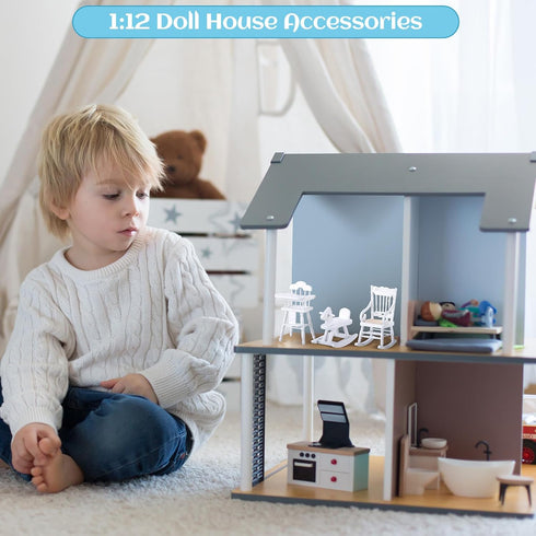 5 Pcs 1:12 Scale Wooden Dollhouse Furniture Set - White Miniature Wood Bedroom Accessories for Creative Play