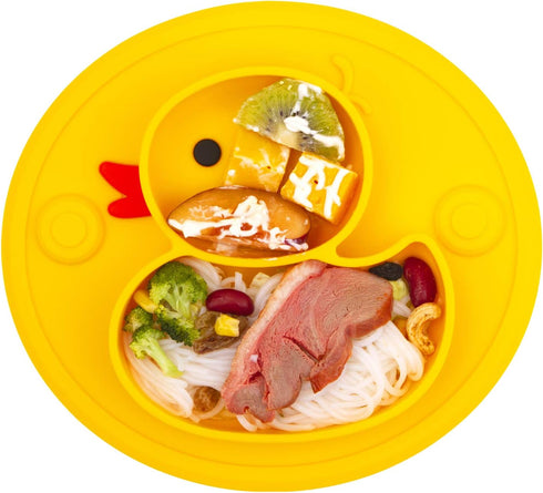 Linowos Silicone Divided Toddler Plates - Portable Non-Slip Suction Plates for Children, BPA Free (Duck-Yellow)