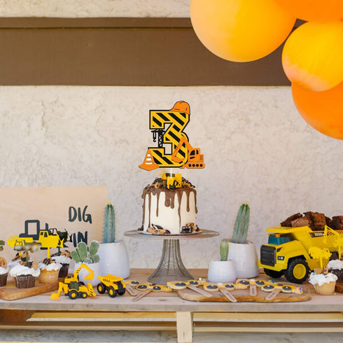 Construction 3rd Birthday Cake Topper for Kids, Truck Excavator Forklift Dump Bulldozer Party Supplies