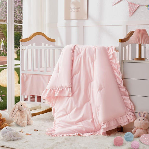 Set, 3-Piece Set Set Girl Crib Bedding Crib Comforter for Girls, Boho Ruffle Pink Nursery Bedding Include Crib