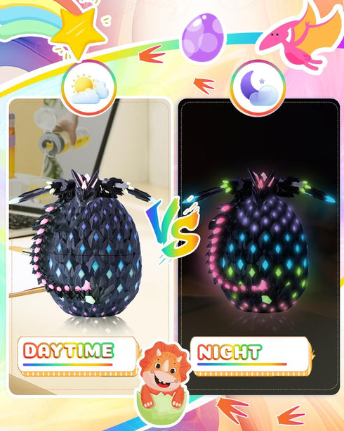 HUWUV 3D Cool,2PC Printed Easter Dragon Eggs Rainbow & Blue Glow in The Dark Articulated Crystal Animals Fidget