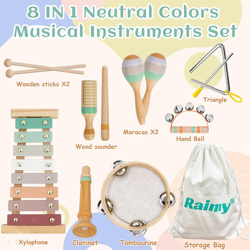 Raimy Musical Instruments Set - Neutral Colors Wooden Montessori Toys, Modern Boho Xylophone for Kids