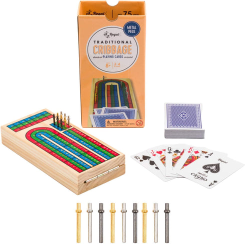 Regal Games Cribbage Board Game Set w/Storage - Fun Table Game with Wooden Board for 2-4 Players, Ages 8+