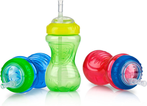 Nuby No-Spill Sippy Cup with Flex Straw for Boys, 10-Ounce Bottles, 3-Pack