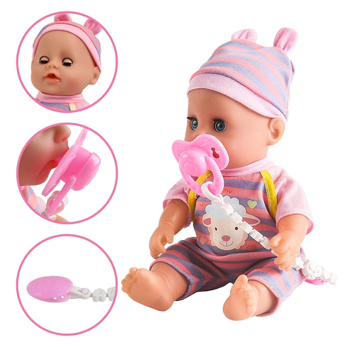 deAO 12” Baby Doll Play Set, 21 PCS with Crib, Mobile, High Chair, Feeding Accessories for Girls Kids
