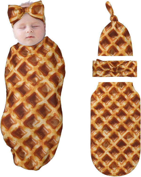 Waffles Food Swaddle Blankets Newborn Receiving Blanket Baby Swaddle Wrap with Headband