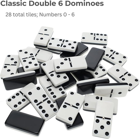 6 WE Games Two-Toned Black & White Double Dominoes with Spinners - Ideal Size, Vintage Style Case, Family and Adult