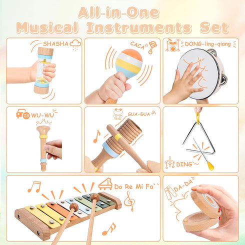 1-3, 12PCS Set 1-3 Baby Musical Instruments for Toddlers Montessori Musical Toy with Xylophone, Drum, Maracas...Perfect