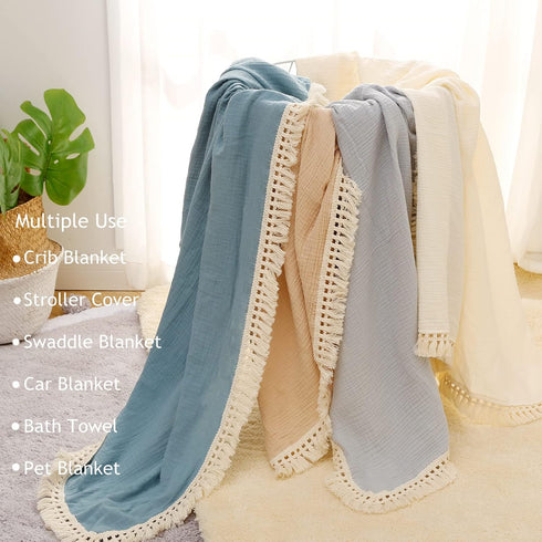 insular Cotton Muslin Baby Blanket with Tassel, Boho Muslin Swaddle Blanket, 47" x 40”, Khaki