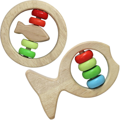 Wooden Fish Colorful Bead Rattle Set - Baby Teething Toy 2 Pack, Educational Toy for Toddlers & Preschoolers