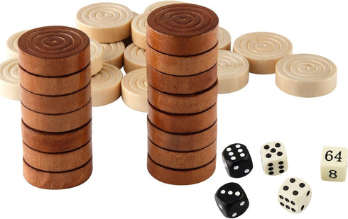 Amerous Thread Wooden Checkers Pieces with Drawstring Bag - Nature Wood Backgammon Pieces, 5 Dices Included