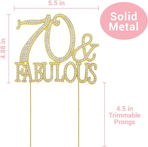 Premium Gold Metal 70 Cake Topper - 70 and Fabulous - 70th Birthday Party Sparkly Rhinestone Decoration, Set in Box
