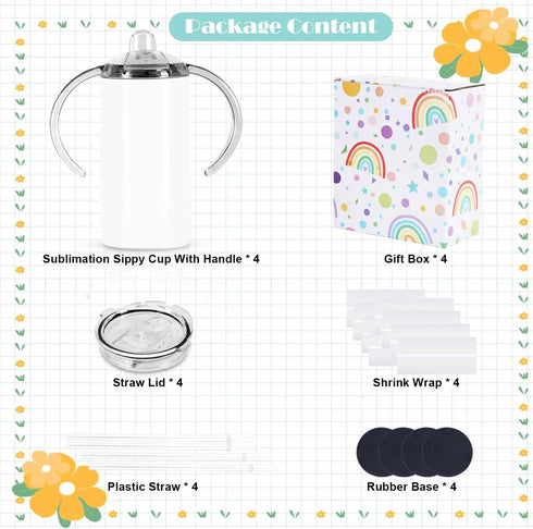 12 Oz 4 Pack, Sublimation Sippy Cup Kids Sublimation Sippy Tumblers, Stainless Steel Todder Water Bottle