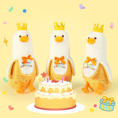 PEACH CAT Banana Duck Plush Pillow, 12" Stuffed Animal with Birthday Party Crown for Kids