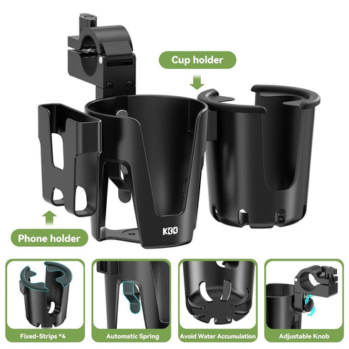 KDD Stroller Cup Holder with Phone Holder, 3-in-1 Removable Bottle Holder, 360 Degrees Rotation Drink Holder for