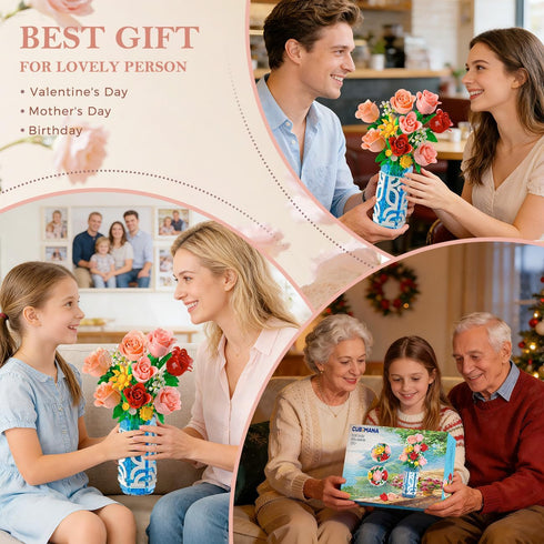 14 Set 747 CUBIMANA Flowers Bouquet Building with Vase and LED Light, for Women, PCS Mini Roses Flower Building Blocks