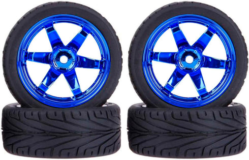 4PCS 1:10 RC Tires and Plastic Wheels Rims for On Road Touring Racing Drift Car, Traxxas HSP HPI (Blue)