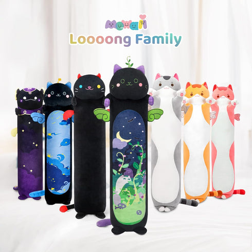 Long Cat Kawaii Body Pillow, 20” Cute Black Cat Plush Toy, Big Eyes Kitten Throw Pillow Gift