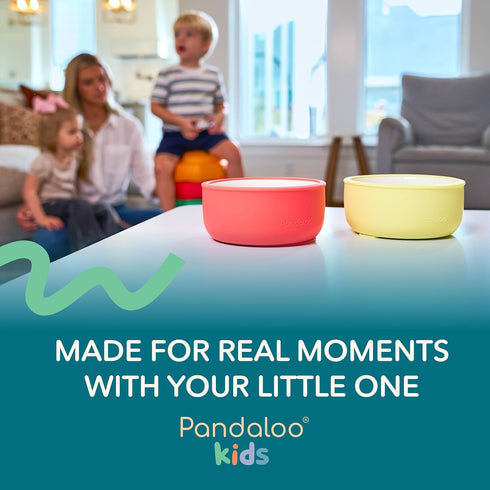 (Set 4) Pandaloo Porcelain Kids Bowls with Removable Silicone Sleeve & Lid Strong Suction Base, Microwave & Dishwasher