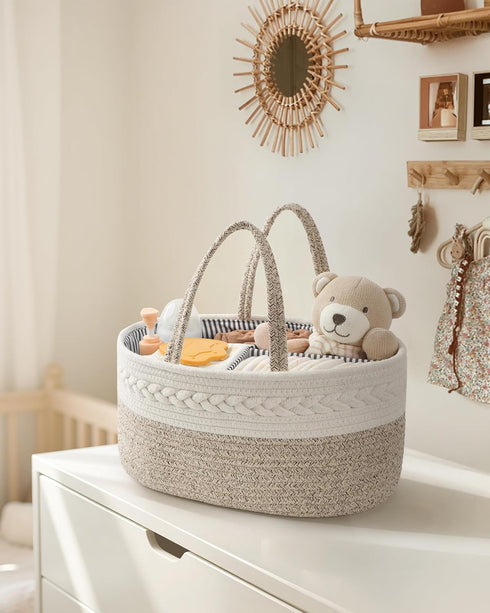 Maliton Extra Large Diaper Caddy Organizer, Cotton Rope Nursery Basket, Portable Organizer for Changing Table, Car