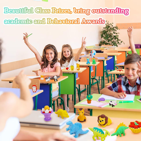 120Pcs Animal Erasers for Kids Desk, Bulk Pencil Erasers Dinosaur 3D Mini Erasers for Classroom Reward Party Favors