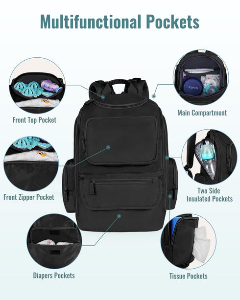 Backpack, Backpack 2 TravelBlack Mancro Diaper Bag Extra Large Capacity Baby Diaper with Insulated Pockets and Stroller