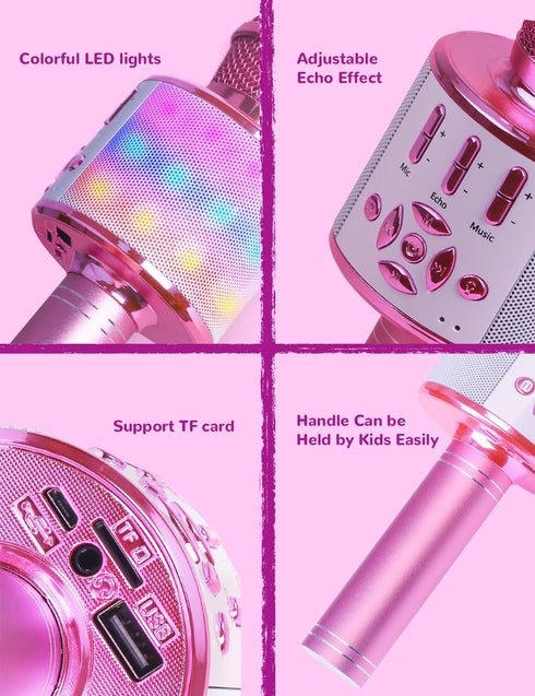 Amazmic Kids Karaoke Microphone with Lights, Birthday Gift for Girls and Boys Age 3-8 (Light Pink)