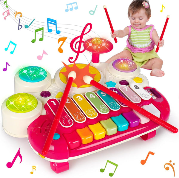 3 in 1 Musical Toys for Toddlers 1-3, Piano Xylophone Drum Set for 1-3 Year Old Girls, Developmental Sensory Toys
