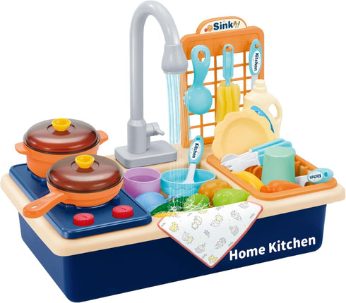 PowerTRC Play Sink with Running Water Toddler Kitchen Playset w/Working Faucet, Stove,