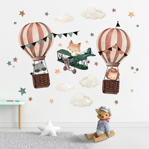 Yovkky Hot Air Balloon Airplane Wall Decals Stickers, Cute Animals Aircraft Lion