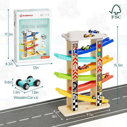 1-3 6 1 1 TOP Bright Wooden Race Track Car Ramp Toys for Toddlers Years Old with Mini Cars, Car Garage & Extra Bridges