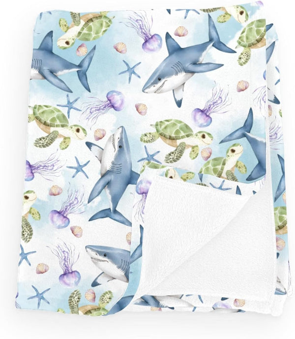 Wicbfdfv Cute Sea Turtle Shark Jellyfish Baby Boy Girl Starfish Conch Shells Blankets