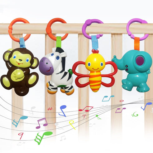 Baby Toys, Cartoon Animal Hanging Rattle Toys, Handbells Baby Rattles, 4 Pack for Infant Travel Stroller